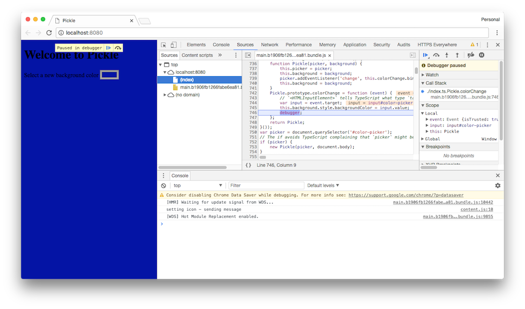 Browser devtools paused mid execute showing bundled code