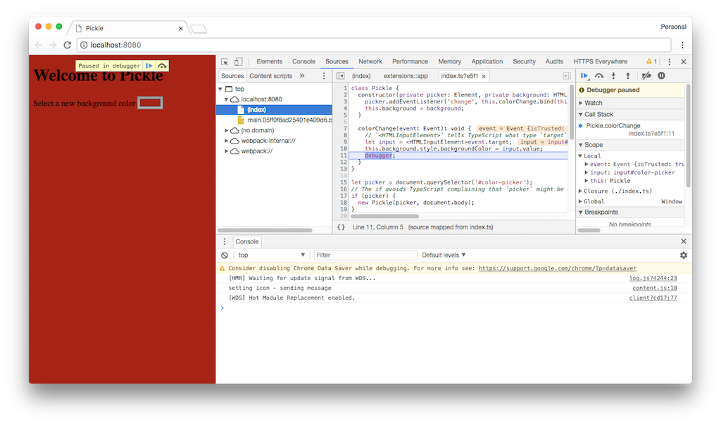 Browser devtools paused mid execute showing original code