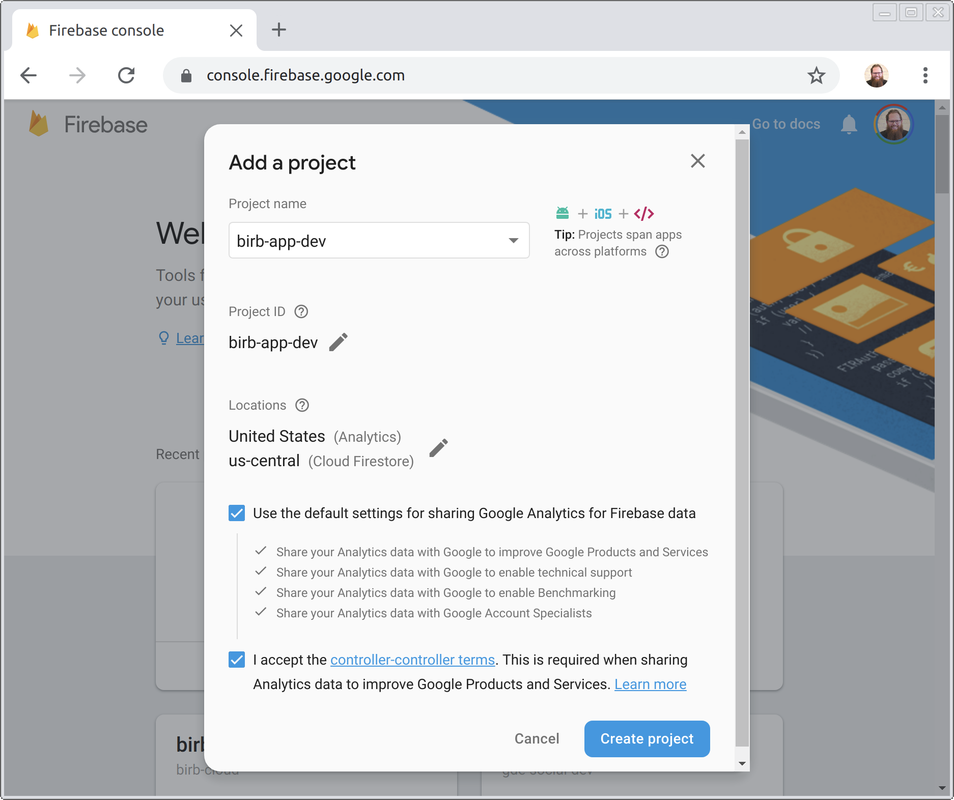 creating Firebase development project