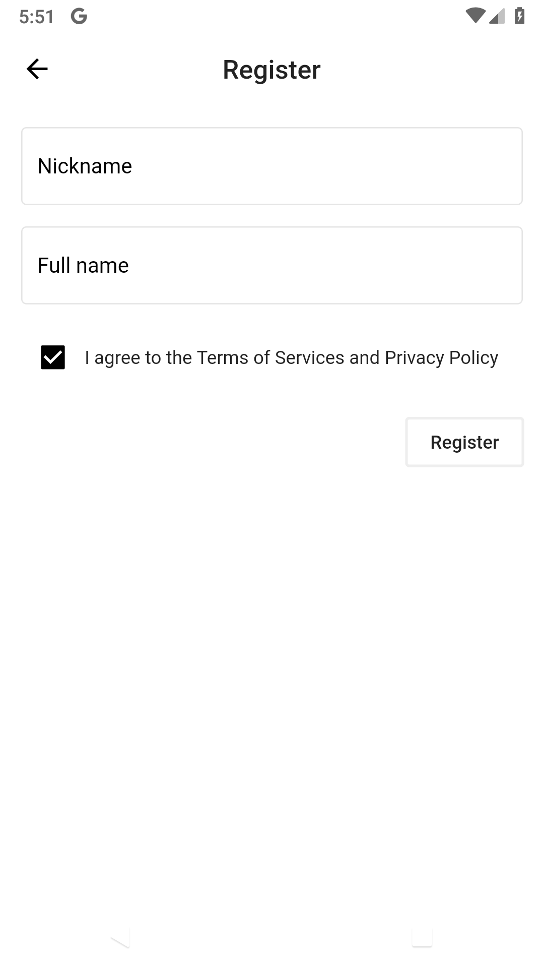 Empty registration form