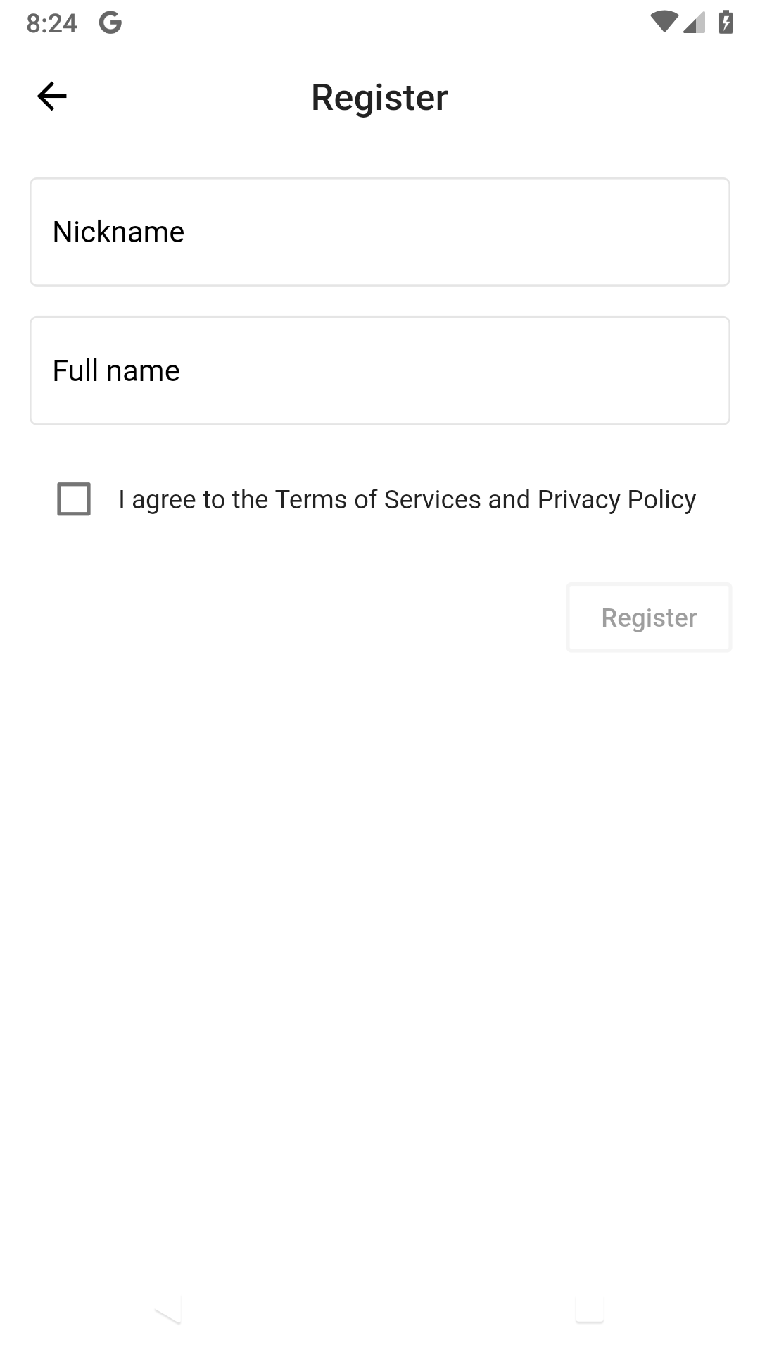 Disabled registration form