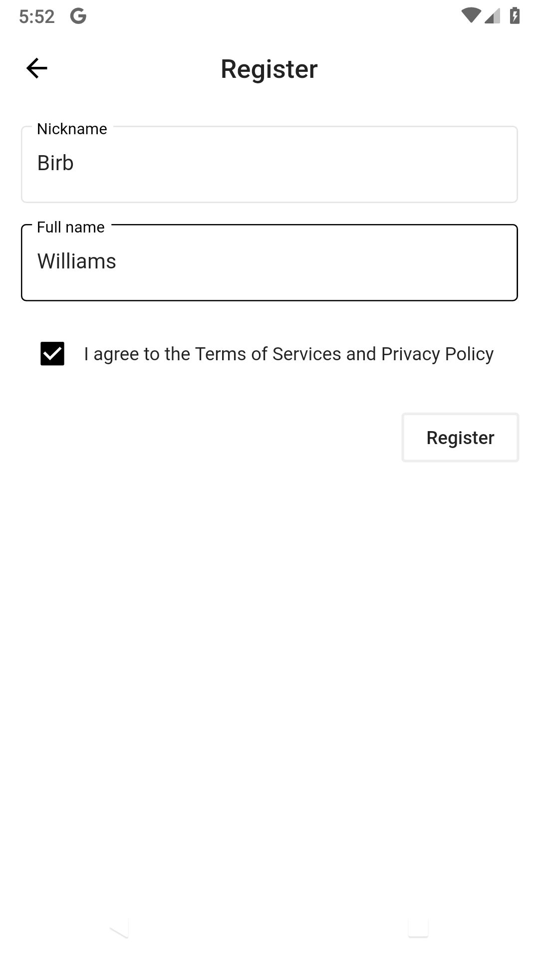 Filled out registration form