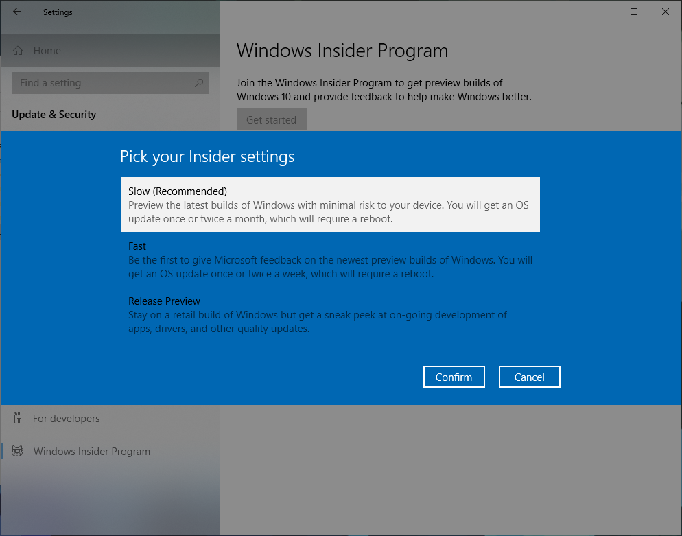 Windows Insider Setup -- Build Selection